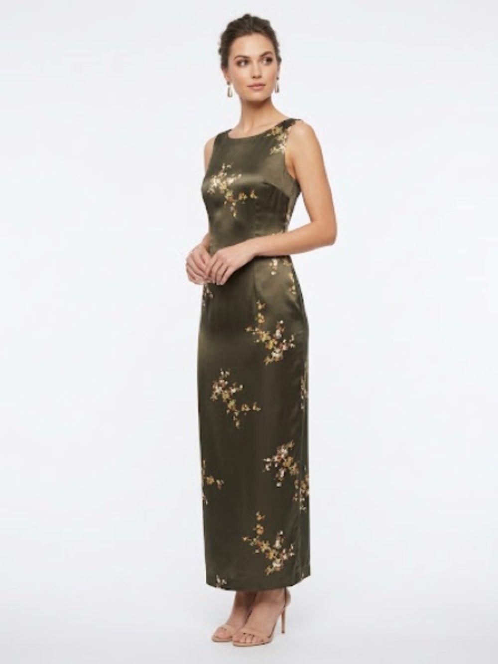 Olive Green Sleeveless Satin Maxi Dress Floral Embroidered Cherry Blossom Asian